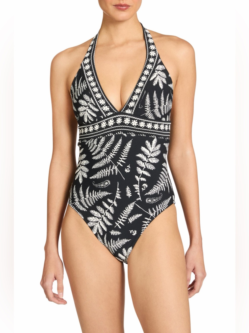 Robin Piccone Hailey Halter One Piece Swimsuit Women’s Size 6 Black Ecru NWOT